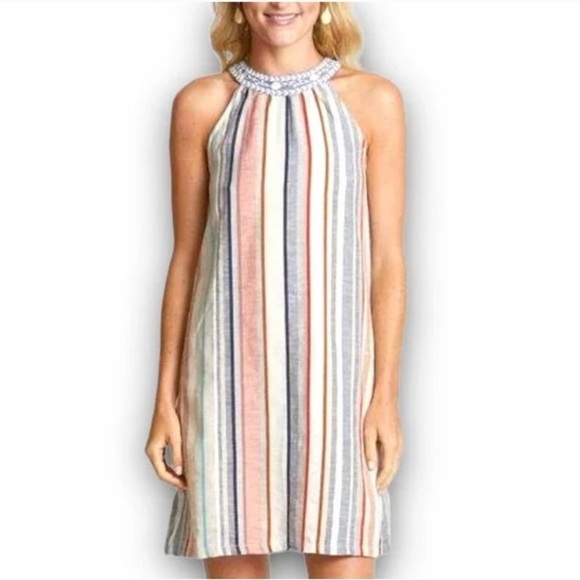 THML multi color striped cotton halter sleeveless dress size medium - Picture 1 of 11